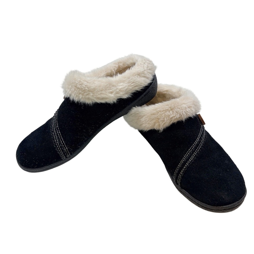 Clarks Kimberly Clog Slippers 9W Black Suede Faux Fur Button Trim Wide